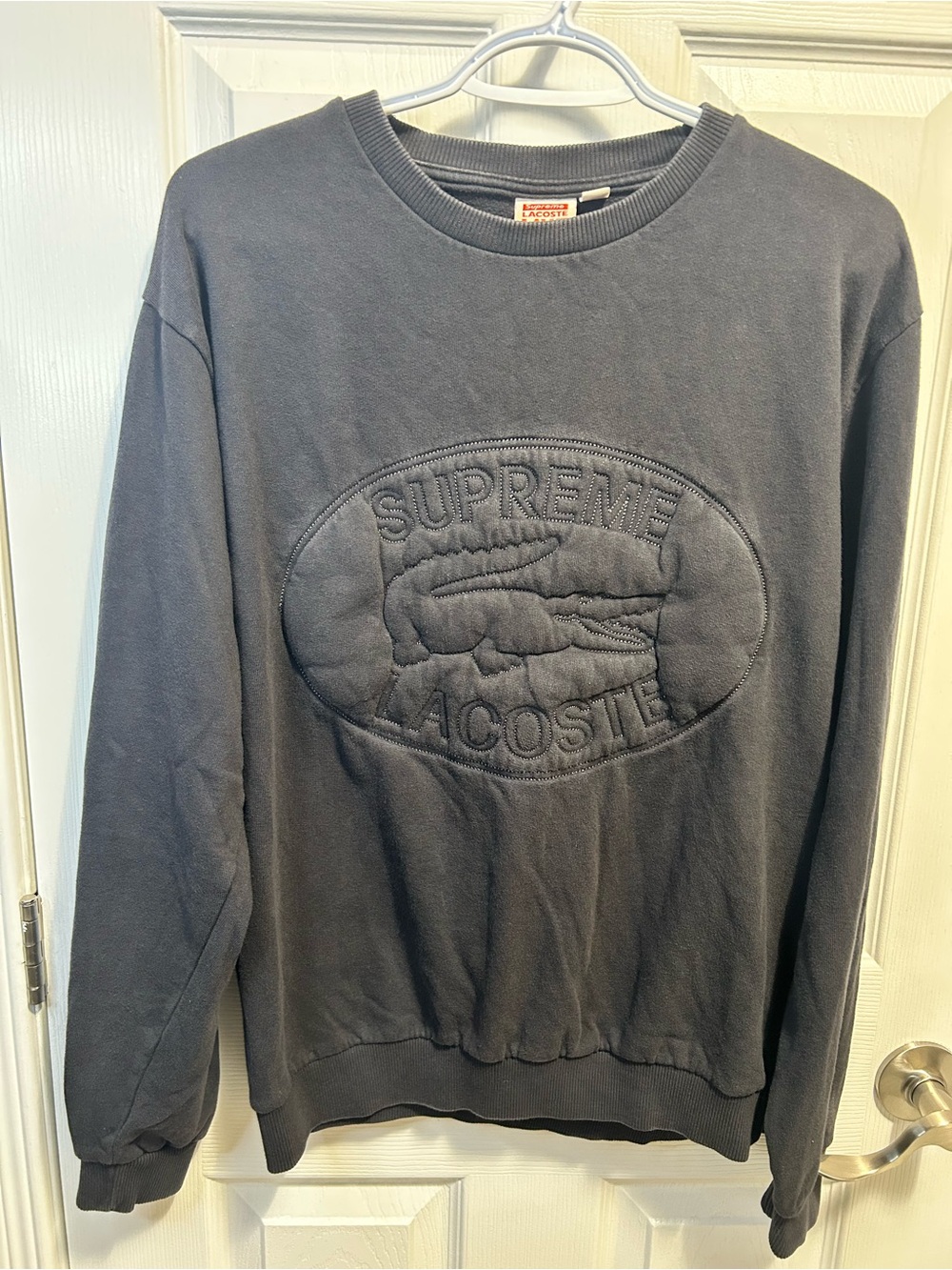 Supreme X Lacoste Charcoal Embossed Logo Crewneck Sweatshirt 2017 Colab